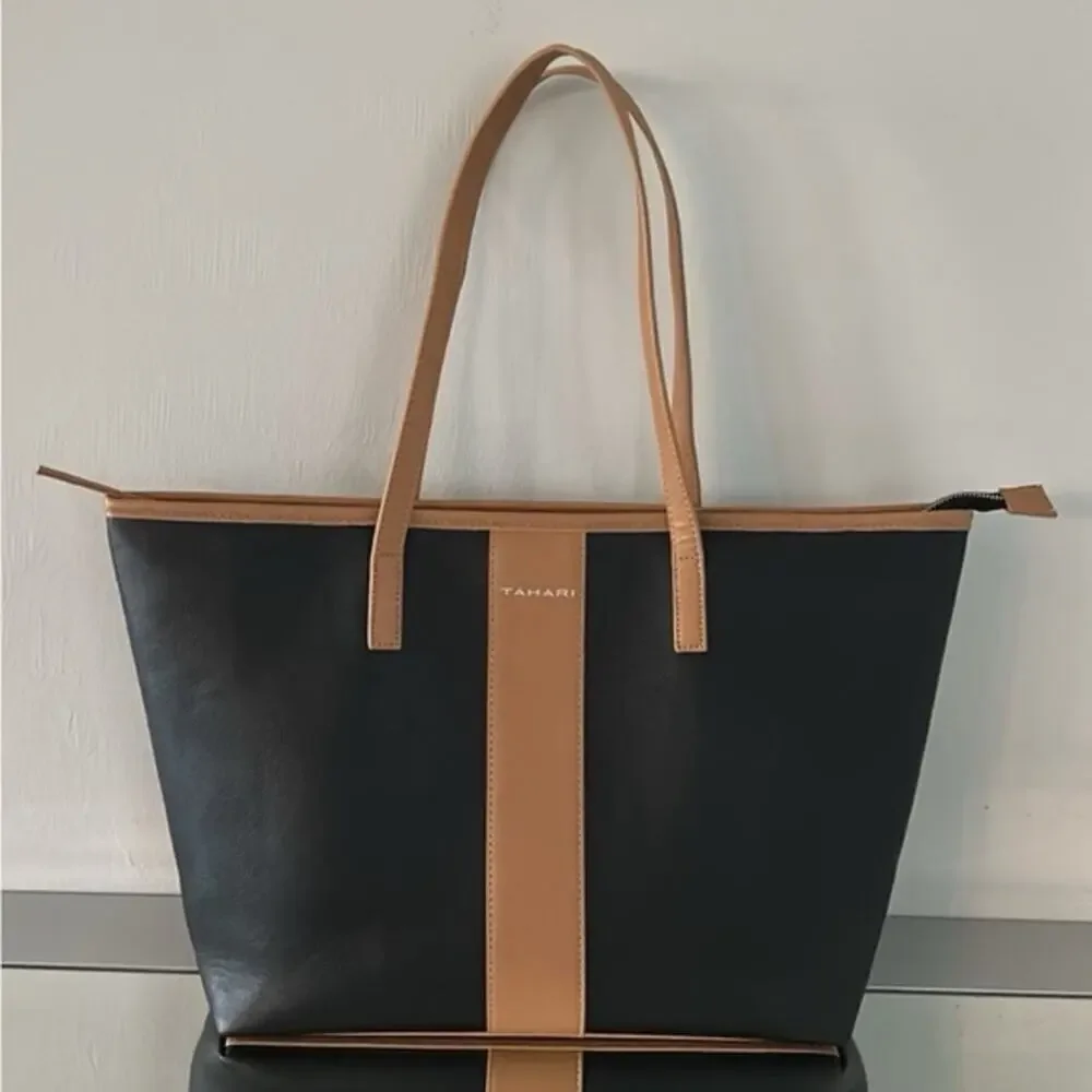 Tahari Kristen Black with Vachetta Trim Zip Closure Large Tote Bag Purse NWT
